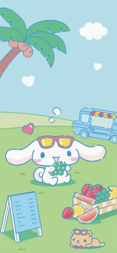 an image of a cartoon bunny with sunglasses and fruits in the grass next to a sign