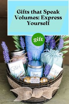 the gift basket is filled with gifts that speak volumenes express yourself