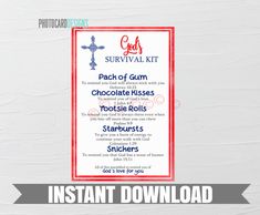 the printable survival kit includes instructions for chocolate kisses and starbursts