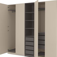 an open closet with drawers and shelves on the wall next to another closed cabinet in front of it