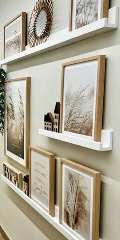 some pictures are hanging on the wall with white shelves and frames above them is a potted plant