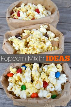 popcorn mix in paper bags with the words popcorn mix ideas on top and below it