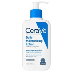 Developed with dermatologists, CeraVe Daily Moisturizing Lotion for Face and Body has a unique, lightweight formula that provides 24-hour hydration and helps restore the protective skin barrier with three essential ceramides (1,3,6-II). The formula also contains hyaluronic acid to help retain skin's natural moisture.The daily moisturizing lotion utilizes patented MVE controlled-release technology to help replenish ceramides and deliver long lasting moisturization. #1 Dermatologist Recommended Mo Cerave Moisturizer, Cerave Daily Moisturizing Lotion, Cerave Moisturizing Lotion, Dry Skin Body Lotion, Daily Moisturizing Lotion, Lotion For Dry Skin, Moisturizing Lotion, Oil Free Moisturizers, Face Lotion