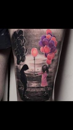 a man and woman holding hands with balloons on their thigh, both in black and white