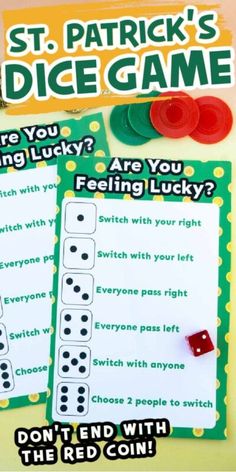 the st patrick's dice game is shown with two cards and one piece of paper