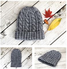 three photos of the same hat and one with an autumn leaf on it, all in different angles