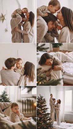 a collage of photos showing the mother and daughter kissing each other in front of a christmas tree