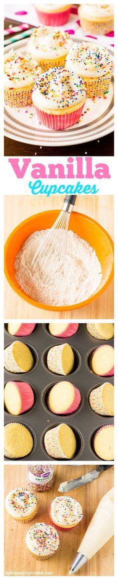 cupcakes are being made with vanilla butter and sprinkles