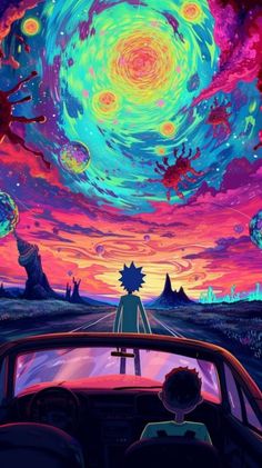 a car driving down a road under a colorful sky filled with stars and clouds,