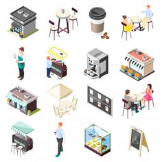 people are eating and drinking at the coffee shop set of icons in flat 3d style