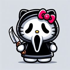 a hello kitty character holding a knife and wearing a black shirt with a pink bow on it's head