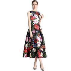 Chic Floral Print Dress With Flared Skirt, Black Full Skirt Dress For Spring, Chic A-line Sleeveless Dress For Spring, Elegant Floral Print Dresses With Flared Skirt, Black Full Skirt Dress For Summer, Black Full Skirt Midi Dress For Summer, Spring Floral Print Dress With Flared Skirt, Spring Floral Print Flared Dress, Sleeveless Fit And Flare Midi Dress For Garden Party