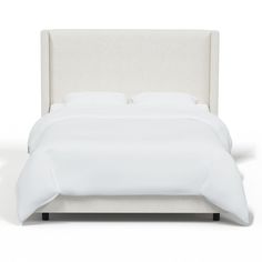 a bed with white linens and pillows on it's headboard, against a white background