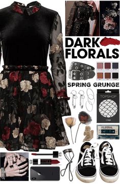 Spring Goth Aesthetic, Soft Grunge Capsule Wardrobe, Witchy Look Outfit, Spring Witchy Outfit, Dark Floral Aesthetic Outfit, Spring Outfits Goth, Floral Grunge Outfit, Dark Spring Aesthetic Outfits, Gothic Spring Outfit