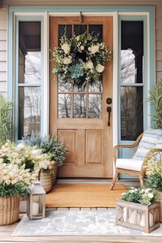 the front door is decorated with wreaths and flowers