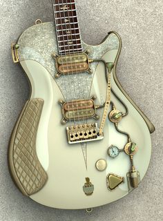 an electric guitar sitting on top of a cement floor