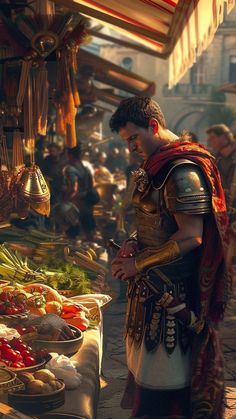 a man dressed in roman armor standing next to a table full of food