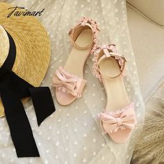 TAVIMART - Princess Style Cute Bowknot Wavy Edge Women's Sandals Low-Heel Breathable Lace Edge Sweet Pumps Buckle Pink School Shoes Pink Flat Sandals With Bow, Closed Toe Sandals With Bow For Summer, Pink Bow Sandals For The Beach, Pink Beach Sandals With Bow, Cute Flat Heel Sandals For Spring, Casual Pink Sandals With Bow, Flat Bow Sandals For Spring, Spring Sandals With Bow And Round Toe, Cute Bow Sandals With Round Toe