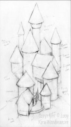 a pencil drawing of a castle with lots of turrets