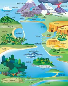 an illustrated map of the landforms of latin america with rivers, lakes and mountains