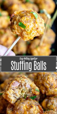 a close up of food on a stick with the words stuffing balls in front of it