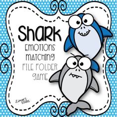 shark emotions matching file folder game with two cartoon sharks on blue and white polka dot background