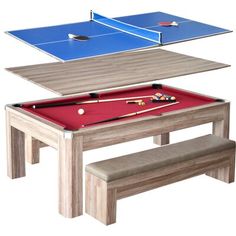 two ping pong tables and a bench are shown