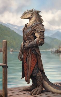 a dragon statue sitting on top of a wooden dock next to the water with mountains in the background