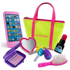 a pink and yellow bag with various items in it including a cell phone, hairbrushes, scissors, combs, and other accessories