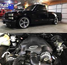 two pictures side by side of a black truck with the hood up and the engine out