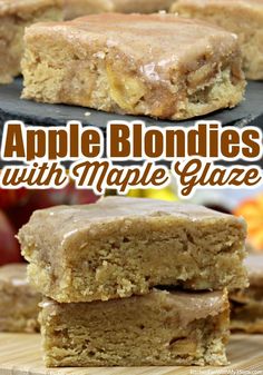 apple blondies with maple glaze are stacked on top of each other