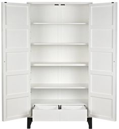 an open white bookcase with doors and drawers