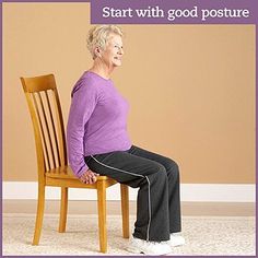 an older woman sitting on a chair with the words start with good posture