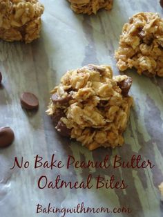 no bake peanut butter oatmeal bites are on a table with chocolate chips