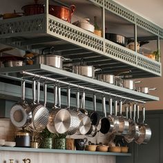 pots and pans are hanging on the wall