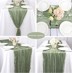 the table is set with white plates and silverware, green napkins, and pink flowers