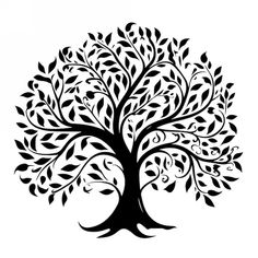 a black and white silhouette of a tree with leaves on it's branches, in the shape of a heart