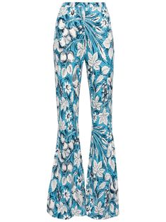 blue/white all-over floral print pull-on style high-waisted flared Chic Blue Flare Wide Leg Pants, Spring Blue Printed Wide Leg Pants, Blue Floral Print Wide Leg Pants For Summer, Spring Blue Floral Print Bottoms, Printed Blue Wide Leg Pants For Spring, Blue Printed Wide Leg Pants For Spring, Chic Fitted Floral Print Pants, Blue Flare Wide Leg Pants For Summer, Blue Floral Print Pants For Spring