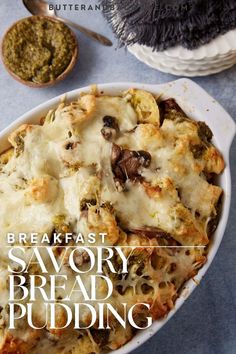 A baking dish of savory bread pudding. Breakfast Gathering, Savory Bread Pudding Recipe, Recipe With Mushrooms, Savory Bread Pudding, Easy Breakfast Casserole, Savory Bread Puddings, Breakfast Ingredients, Classic Breakfast, Savory Bread