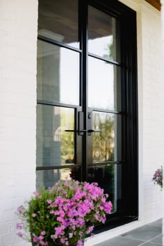 a potted plant sitting next to a window on the side of a white brick building