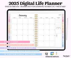 the 2020 digital life planner is shown on top of a tablet with text that reads,