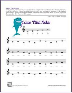 the color that note worksheet is shown with music notes and an image of a fish