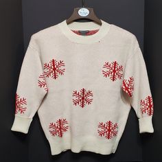 Snowflake Sweater Ivory With Red Snowflakes New Smoke Free And Pet Free Environment White Festive Holiday Sweater, White Holiday Festive Sweater, White Casual Sweater For Festive Occasions, Casual White Festive Sweater, Casual White Sweater For Festive Occasions, White Nordic Winter Tops, White Holiday Sweater, White Festive Sweater For Fall, Festive White Sweater For Fall