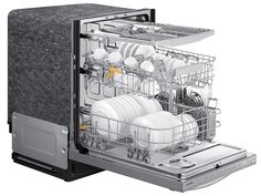 an open dishwasher with dishes in it