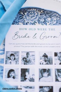 a blue and white brochure with pictures of people on it that says how old were the bride & groom?