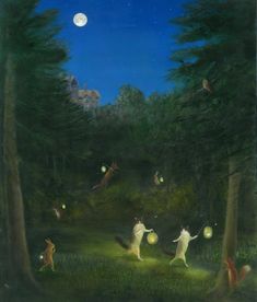 a painting of some people in the woods at night with glowing lights on their bodies