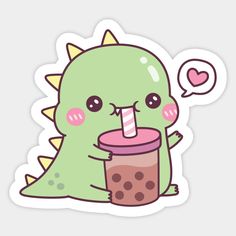 a sticker with a cartoon dinosaur holding a drink in it's hand and talking to