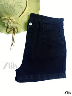 Zlily - Womens High-Stretch Denim Shorts with Rolled Hem and Slash Pockets - Black Black Stretch Jean Shorts For Summer, Black Stretch Jeans In Short Length, Stretch Black Jeans Short Length, Black Stretch Short Jeans, Black Stretch Jeans Short Length, Chic Black Summer Jeans, Black Stretch Cutoff Jeans, High Waist Black Summer Jeans, Black High Waist Summer Jeans