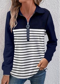 Color:Navy;Size:M;Size:L;Size:XL;Size:XXL;Package Contents:1 X T Shirt;Occasion:Other;Style:Bohemian; Collar T Shirt, Chic Fall Outfits, Lovely Tops, Collar Tshirt, Tees For Women, Blue Sweaters, Striped Long Sleeve, Sleeve Sweater, Womens Clothing Tops