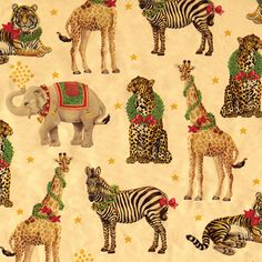 an elephant, giraffes and zebras are all on the same fabric